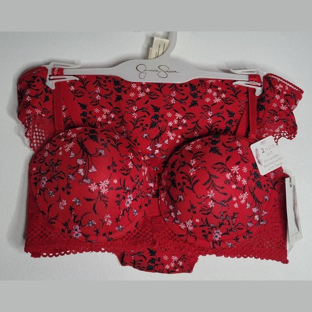 Jessica Simpson Red Lace Balconette Bra & Panty Set Floral 34C Medium Valentines